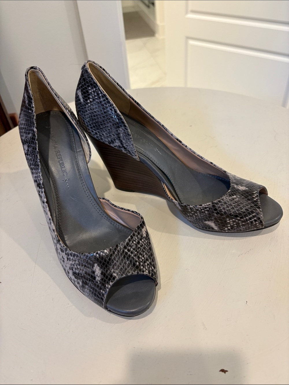 Banana Republic Gray/Black Snake-Print Wedge Peep-Toes